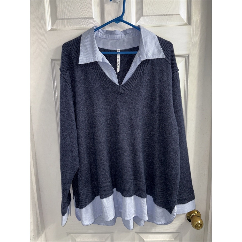 Leo & Nicole 3X Navy Blue Layer Look Blue White Stripe Cuffs Bottom Cotton
